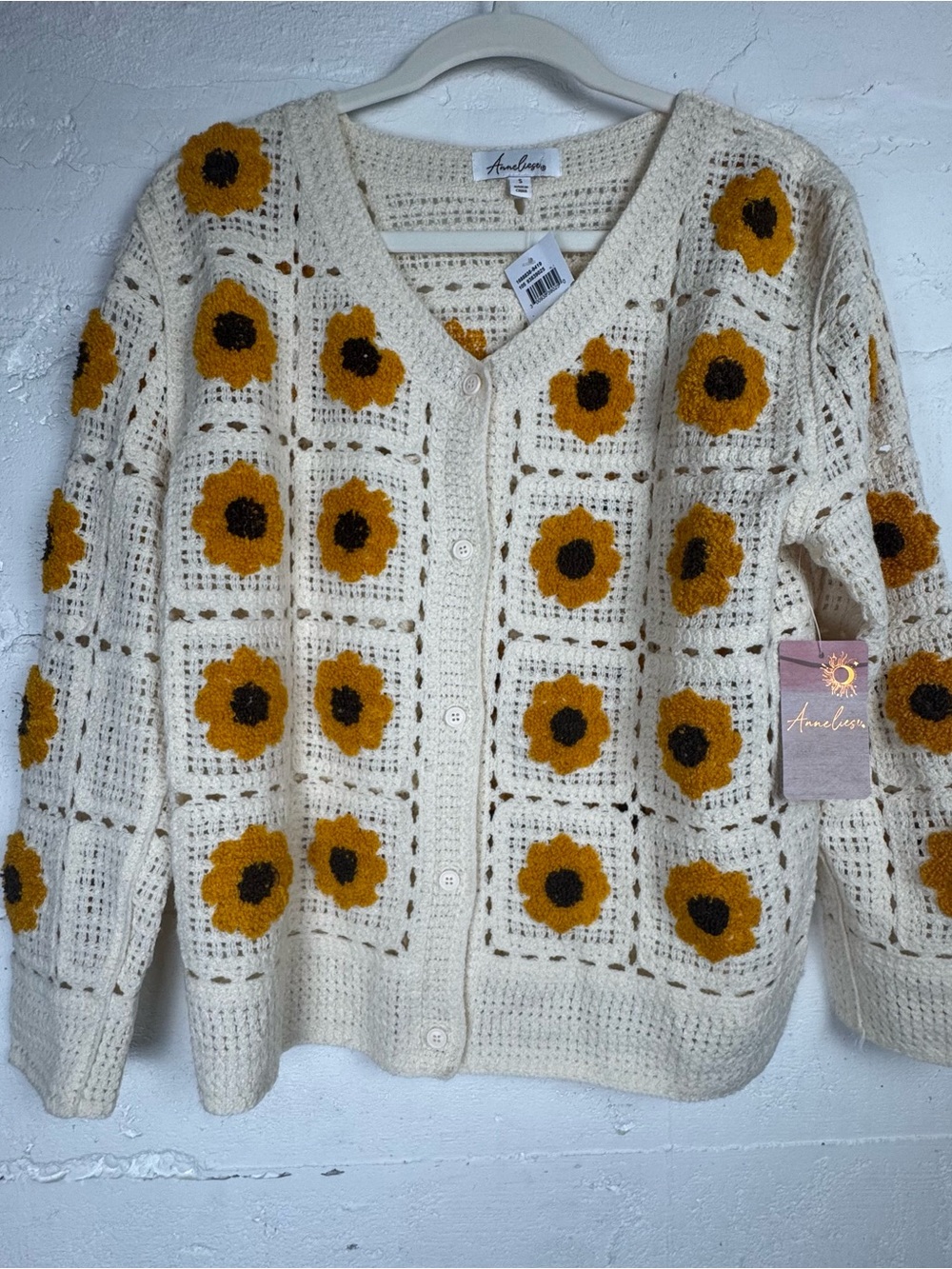 Granny Square Sunflower Crochet Cream Cardigan Mustard Floral Appliqué Small NWT